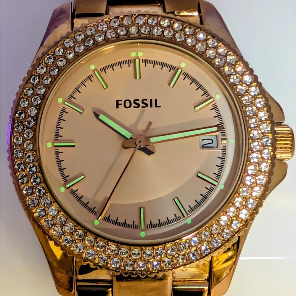 Fossil Retro Traveler AM4454 Watch Rose Gold Crystal Bezel Guilloche Dial 36mm